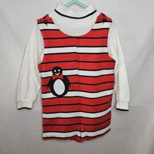 Vintage Florance Eiseman Boys Penguin Stripe Overalls Turtleneck 2 Piece Set 4T